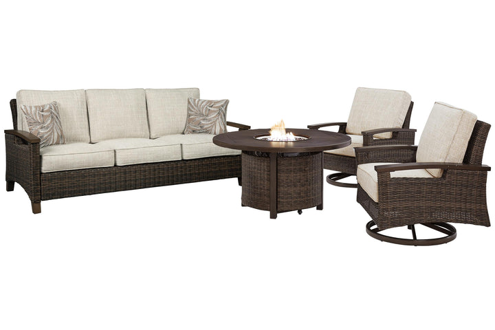 ASHLEY FURNITURE PKG012911 Outdoor Sofa and 2 Lounge Chairs With Fire Pit Table