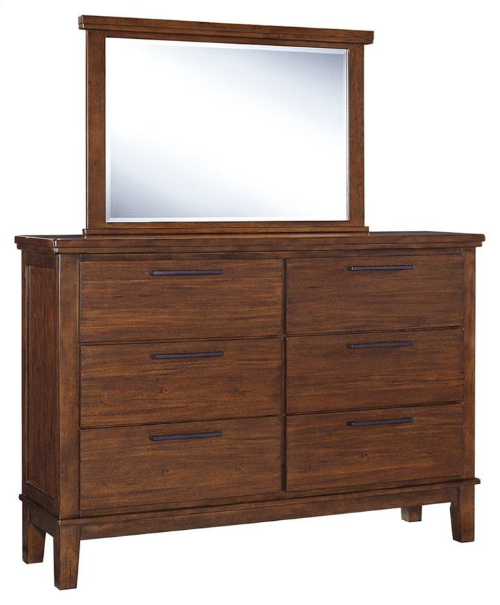 ASHLEY FURNITURE PKG005938 California King Upholstered Panel Bed With Mirrored Dresser, Chest and Nightstand