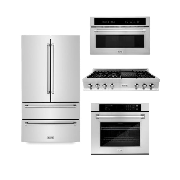 ZLINE KITCHEN AND BATH 4KPRRT48MWAWS ZLINE Kitchen Package with Refrigeration, 48" Stainless Steel Rangetop, 30" Single Wall Oven, 30" Microwave Oven