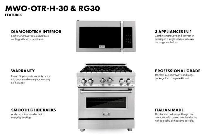 ZLINE KITCHEN AND BATH 2KPRGOTRH30 ZLINE 30" Kitchen Package Stainless Steel Gas Range and Over The Range Microwave with Traditional Handle