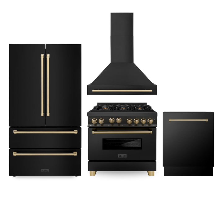 ZLINE KITCHEN AND BATH 4AKPRRGBRHDWV36CB ZLINE 36" Autograph Edition Kitchen Package with Black Stainless Steel Gas Range, Range Hood, Dishwasher and Refrigeration with Champagne Bronze Accents