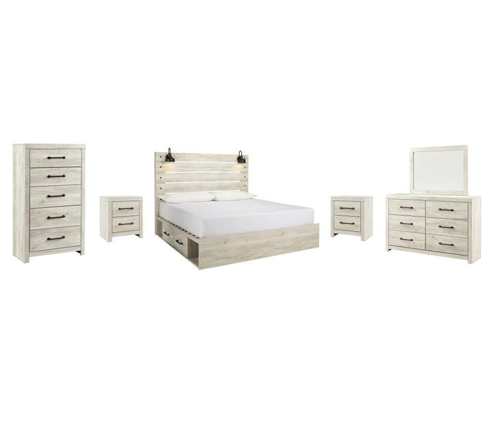 ASHLEY FURNITURE PKG003006 King Panel Bed With 2 Storage Drawers With Mirrored Dresser, Chest and 2 Nightstands