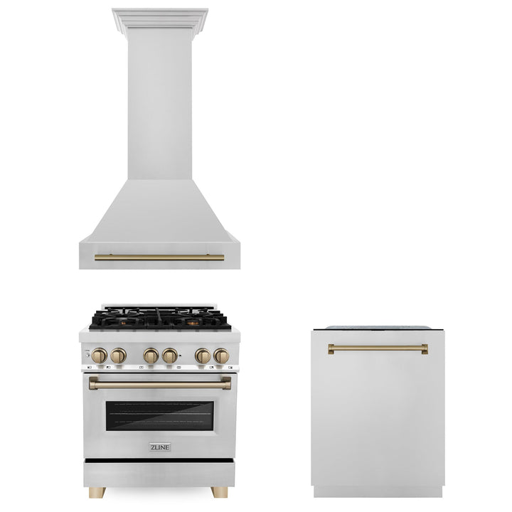 ZLINE KITCHEN AND BATH 3AKPRARHDWM30CB ZLINE 30" Autograph Edition Kitchen Package with Stainless Steel Dual Fuel Range, Range Hood and Dishwasher with Champagne Bronze Accents