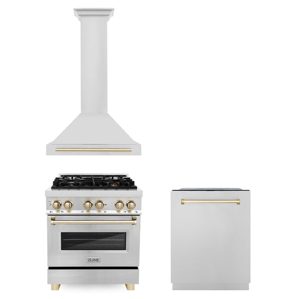 ZLINE KITCHEN AND BATH 3AKPRARHDWM30G ZLINE 30" Autograph Edition Kitchen Package with Stainless Steel Dual Fuel Range, Range Hood and Dishwasher with Gold Accents