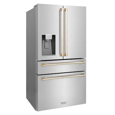 ZLINE KITCHEN AND BATH RFMZW36G ZLINE 36" Autograph Edition 21.6 cu. ft Freestanding French Door Refrigerator with Water and Ice Dispenser in Fingerprint Resistant Stainless Steel with Accents Color: Gold