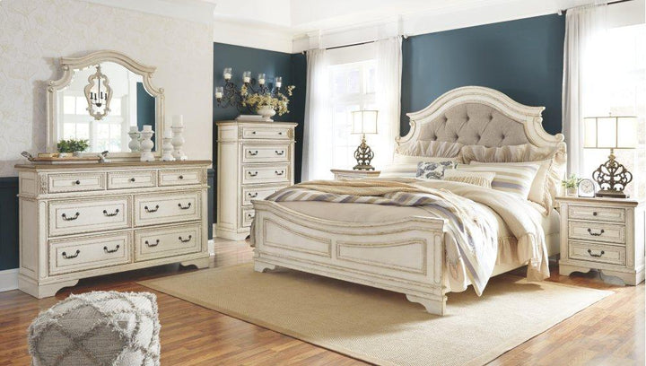 ASHLEY FURNITURE PKG006662 Queen Upholstered Panel Bed With Mirrored Dresser, Chest and Nightstand