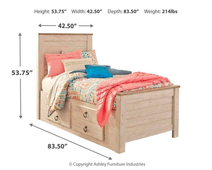 ASHLEY FURNITURE PKG004447 Twin Panel Bed With 2 Storage Drawers With Mirrored Dresser, Chest and Nightstand