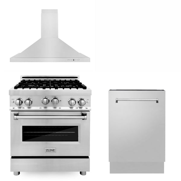 ZLINE KITCHEN AND BATH 3KPRGRH30DWV ZLINE 30" Kitchen Package with Stainless Steel Gas Range, Convertible Vent Range Hood and Tall Tub Dishwasher