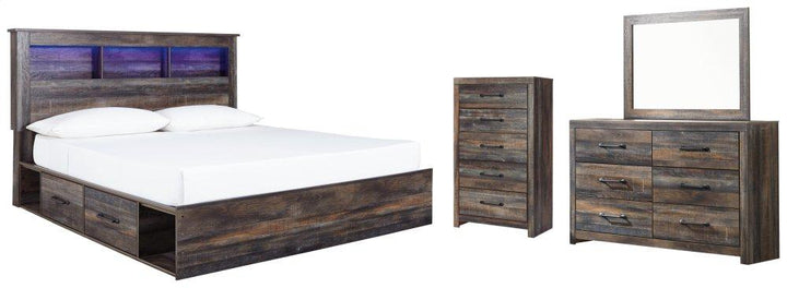ASHLEY FURNITURE PKG003379 King Bookcase Bed With 2 Storage Drawers With Mirrored Dresser and Chest
