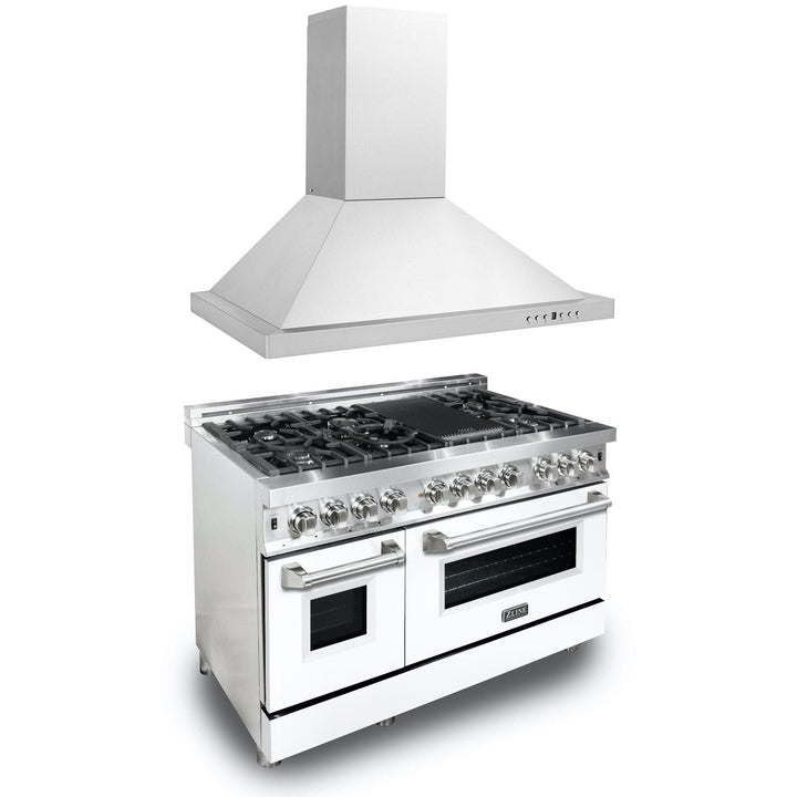 ZLINE KITCHEN AND BATH 2KPRAWMRH48 ZLINE 48" Kitchen Package with Stainless Steel Dual Fuel Range with White Matte Door and Convertible Vent Range Hood