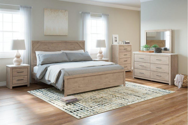 ASHLEY FURNITURE PKG009391 King Panel Bed With Mirrored Dresser and Chest