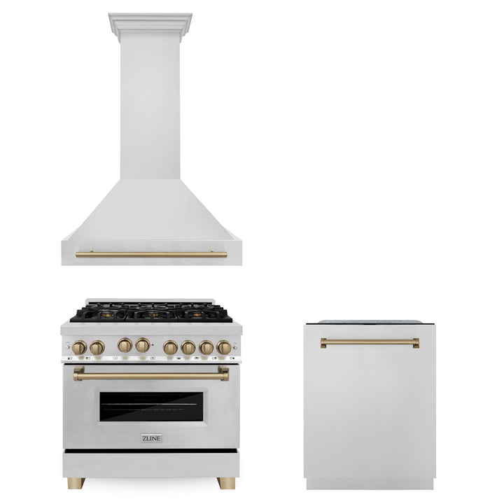 ZLINE KITCHEN AND BATH 3AKPRGRHDWM36CB ZLINE 36" Autograph Edition Kitchen Package with Stainless Steel Gas Range, Range Hood and Dishwasher with Champagne Bronze Accents