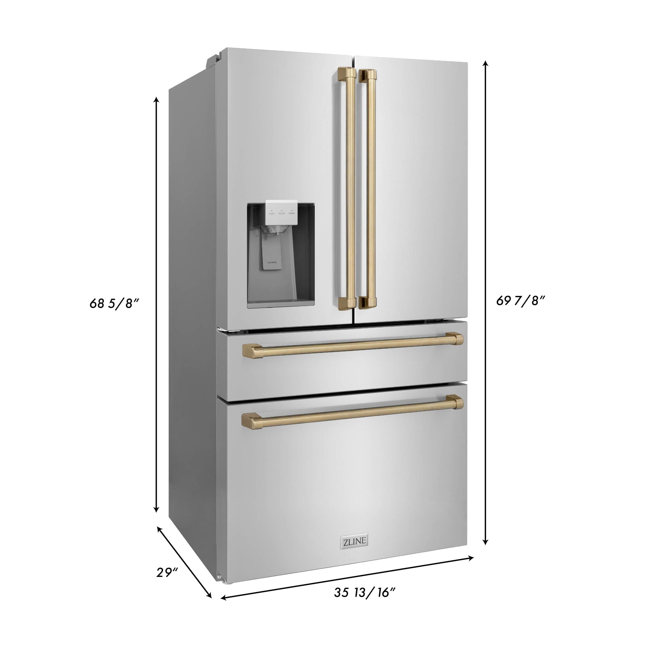 ZLINE KITCHEN AND BATH RFMZW36G ZLINE 36" Autograph Edition 21.6 cu. ft Freestanding French Door Refrigerator with Water and Ice Dispenser in Fingerprint Resistant Stainless Steel with Accents Color: Gold