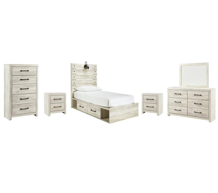 ASHLEY FURNITURE PKG003017 Twin Panel Bed With 4 Storage Drawers With Mirrored Dresser, Chest and 2 Nightstands