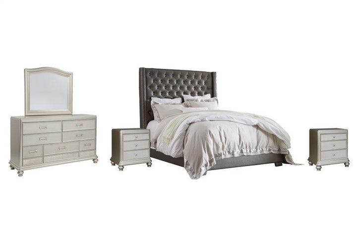 ASHLEY FURNITURE PKG007828 California King Upholstered Bed With Mirrored Dresser and 2 Nightstands