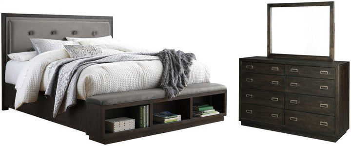 ASHLEY FURNITURE PKG006533 Queen Upholstered Panel Bed With Storage With Mirrored Dresser