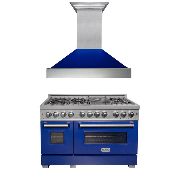 ZLINE KITCHEN AND BATH 2KPRASBGRH48 ZLINE 48" Kitchen Package with DuraSnow R Stainless Steel Dual Fuel Range with Blue Gloss Door and Convertible Vent Range Hood