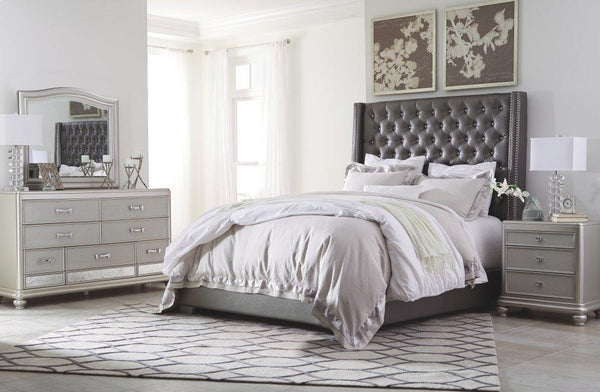 ASHLEY FURNITURE PKG007828 California King Upholstered Bed With Mirrored Dresser and 2 Nightstands