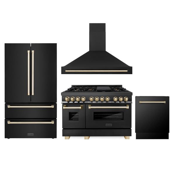 ZLINE KITCHEN AND BATH 4AKPRRABRHDWV48G ZLINE 48" Autograph Edition Kitchen Package with Black Stainless Steel Dual Fuel Range, Range Hood, Dishwasher and Refrigeration with Gold Accents