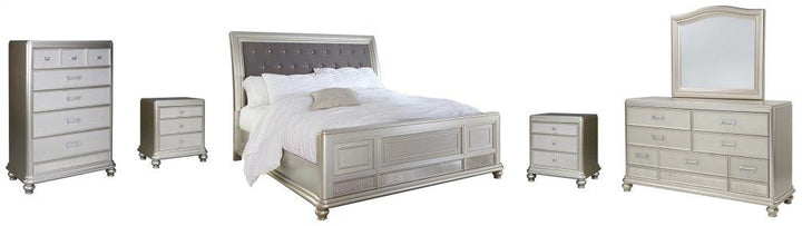 ASHLEY FURNITURE PKG007852 King Upholstered Sleigh Bed With Mirrored Dresser, Chest and 2 Nightstands