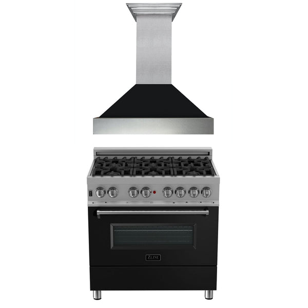 ZLINE KITCHEN AND BATH 2KPRASBLMRH36 ZLINE 36" Kitchen Package with DuraSnow R Stainless Steel Dual Fuel Range with Black Matte Door and Convertible Vent Range Hood