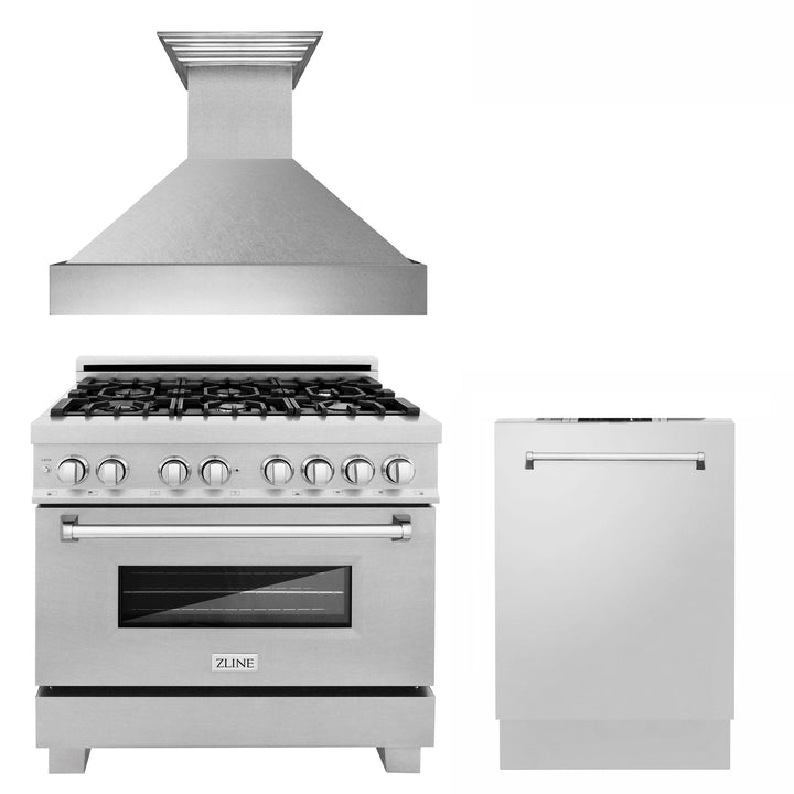 ZLINE KITCHEN AND BATH 3KPRASRH36DW ZLINE 36" Kitchen Package with DuraSnow R Stainless Dual Fuel Range, Ducted Vent Range Hood and Dishwasher