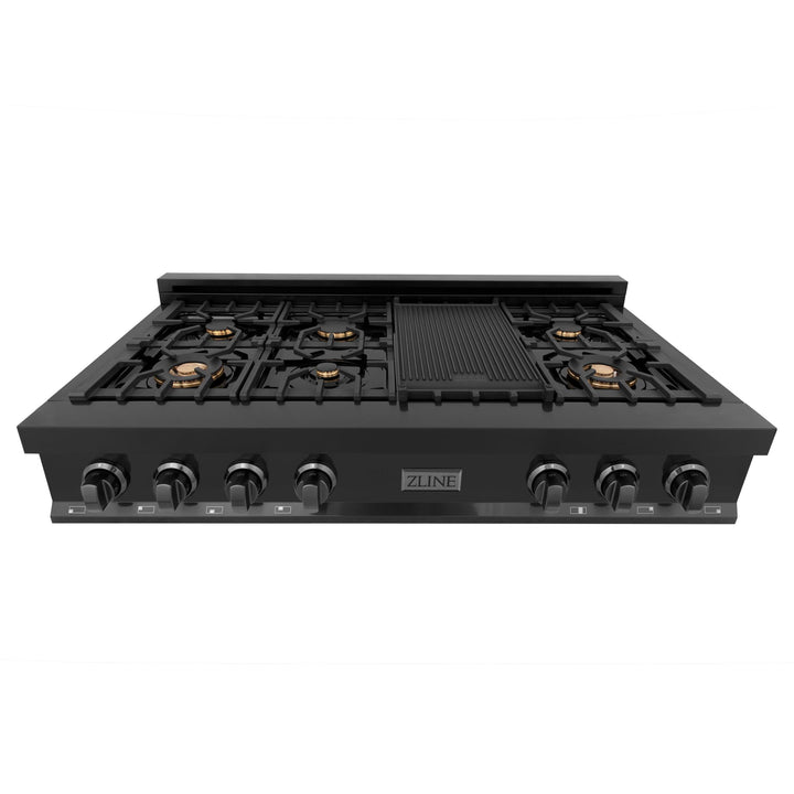 ZLINE KITCHEN AND BATH RTBBR48 ZLINE 48" Porcelain Gas Stovetop in Black Stainless with 7 Gas Burners and Griddle Color: Black Stainless Steel With Brass Burners