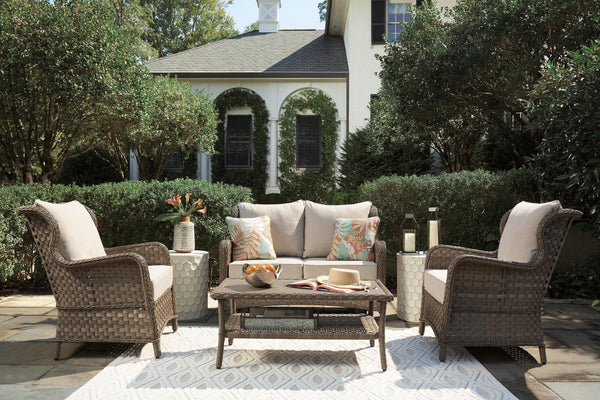 ASHLEY FURNITURE PKG011410 Outdoor Loveseat and 2 Chairs With Coffee Table