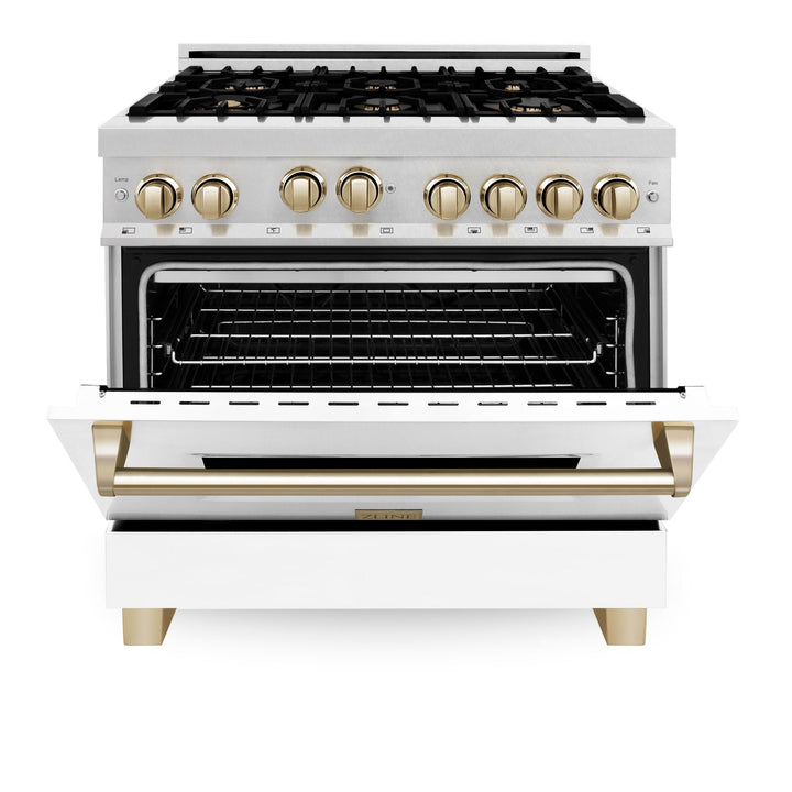 ZLINE KITCHEN AND BATH RGSZWM36G ZLINE 36" 4.6 cu. ft. Range with Gas Stove and Gas Oven in DuraSnow R Stainless Steel with White Matte Door and Accents Accent: Gold