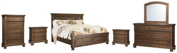 ASHLEY FURNITURE PKG006413 King Panel Bed With 2 Storage Drawers With Mirrored Dresser, Chest and 2 Nightstands