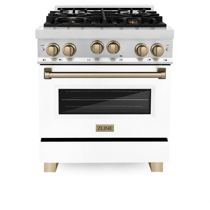 ZLINE KITCHEN AND BATH RGZWM30CB ZLINE Autograph Edition 30" 4.0 cu. ft. Range with Gas Stove and Gas Oven in Stainless Steel with White Matte Door and Accents Color: Champagne Bronze