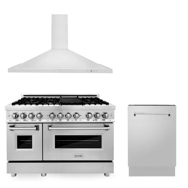 ZLINE KITCHEN AND BATH 3KPRARH48DWV ZLINE 48" Kitchen Package with Stainless Steel Dual Fuel Range, Convertible Vent Range Hood and Tall Tub Dishwasher