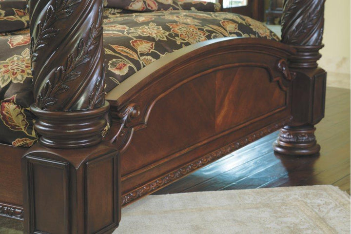 ASHLEY FURNITURE PKG005759 California King Poster Bed With Canopy With Mirrored Dresser and Chest