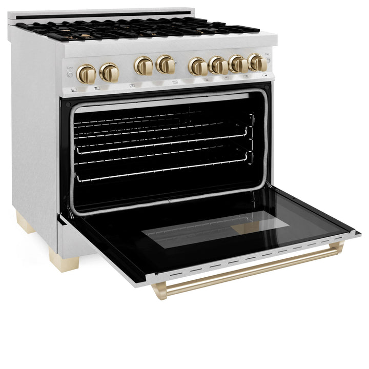 ZLINE KITCHEN AND BATH RGSZSN36CB ZLINE Autograph Edition 36" 4.6 cu. ft. Range with Gas Stove and Gas Oven in DuraSnow R Stainless Steel with Accents Color: Champagne Bronze