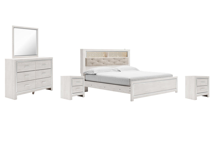 ASHLEY FURNITURE PKG009438 King Panel Bookcase Bed With Mirrored Dresser and 2 Nightstands