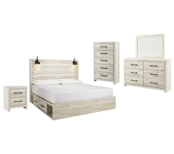 ASHLEY FURNITURE PKG003029 King Panel Bed With 4 Storage Drawers With Mirrored Dresser, Chest and Nightstand