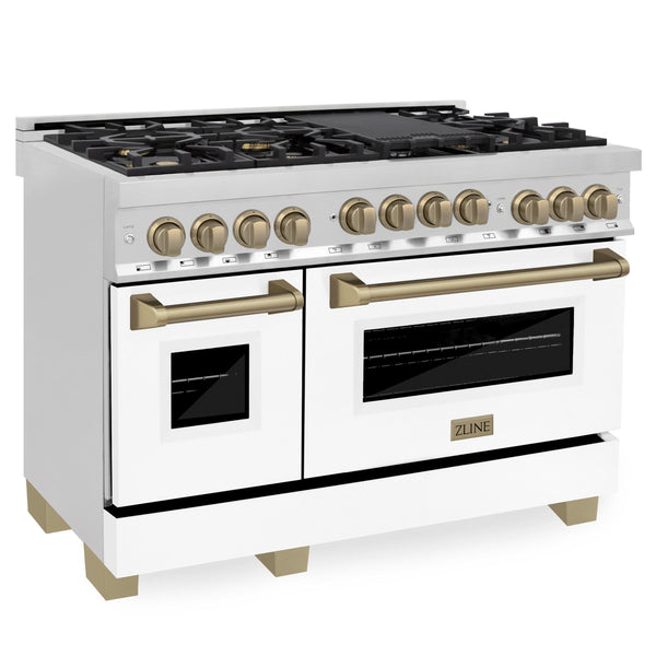 ZLINE KITCHEN AND BATH RGZWM48CB ZLINE Autograph Edition 48" 6.0 cu. ft. Range with Gas Stove and Gas Oven in Stainless Steel with White Matte Door with Accents Color: Champagne Bronze