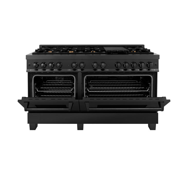 ZLINE KITCHEN AND BATH RAB60 ZLINE 60" 7.4 cu. ft. Dual Fuel Range with Gas Stove and Electric Oven in Black Stainless Steel with Brass Burners