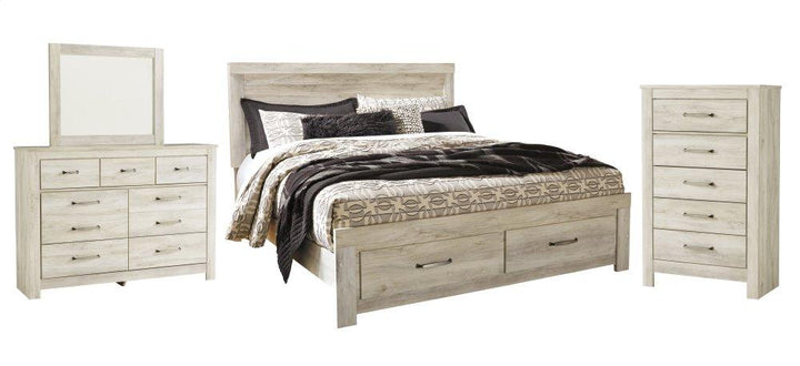 ASHLEY FURNITURE PKG004755 King Platform Bed With 2 Storage Drawers With Mirrored Dresser and Chest