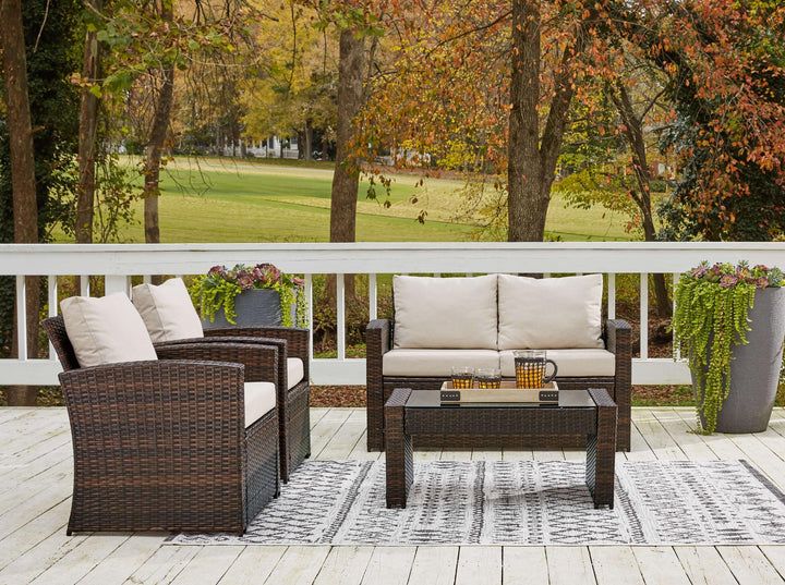 ASHLEY FURNITURE PKG014428 Outdoor Loveseat and 2 Lounge Chairs With Coffee Table