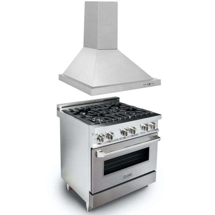 ZLINE KITCHEN AND BATH 2KPRASNRH30 ZLINE 30" Kitchen Package with Stainless Steel Dual Fuel Range with DuraSnow R Door and Convertible Vent Range Hood