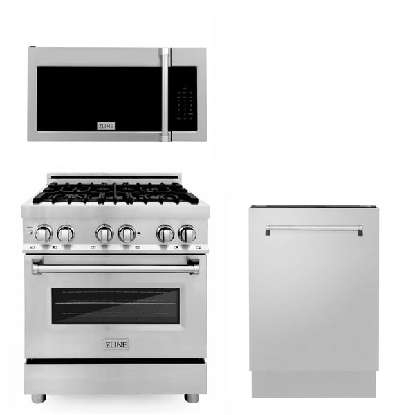 ZLINE KITCHEN AND BATH 3KPRAOTRH30DWV ZLINE 30" Kitchen Package with Stainless Steel Dual Fuel Range, Traditional Over The Range Microwave and Tall Tub Dishwasher