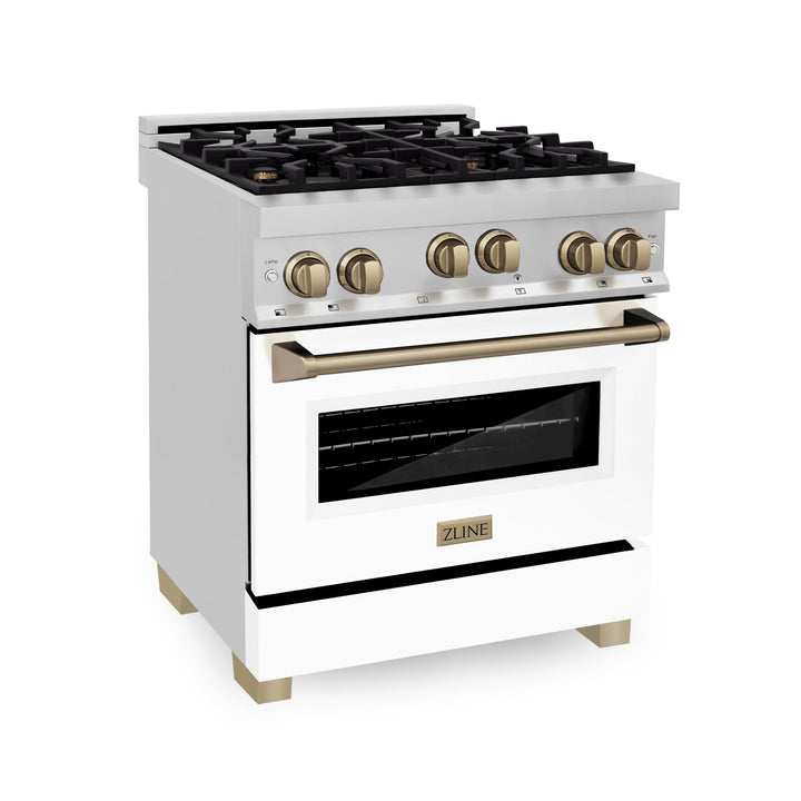 ZLINE KITCHEN AND BATH RGZWM30CB ZLINE Autograph Edition 30" 4.0 cu. ft. Range with Gas Stove and Gas Oven in Stainless Steel with White Matte Door and Accents Color: Champagne Bronze