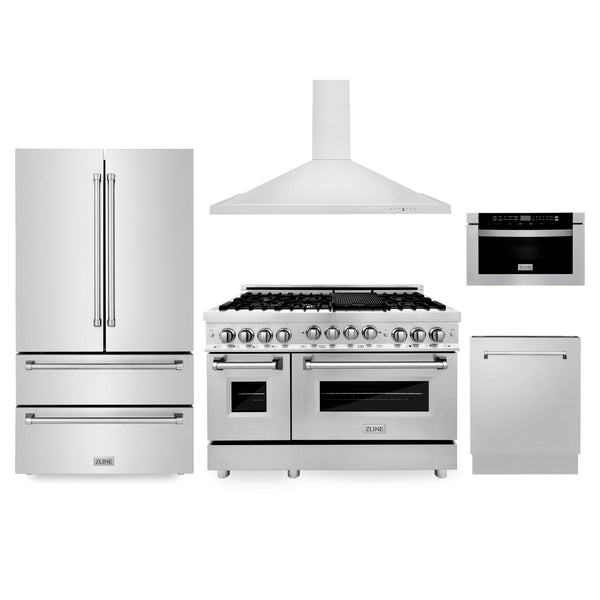 ZLINE KITCHEN AND BATH 5KPRRGRH48MWDWV ZLINE Kitchen Package with Refrigeration, 48" Stainless Steel Gas Range, 48" Convertible Vent Range Hood, 24" Microwave Drawer, and 24" Tall Tub Dishwasher