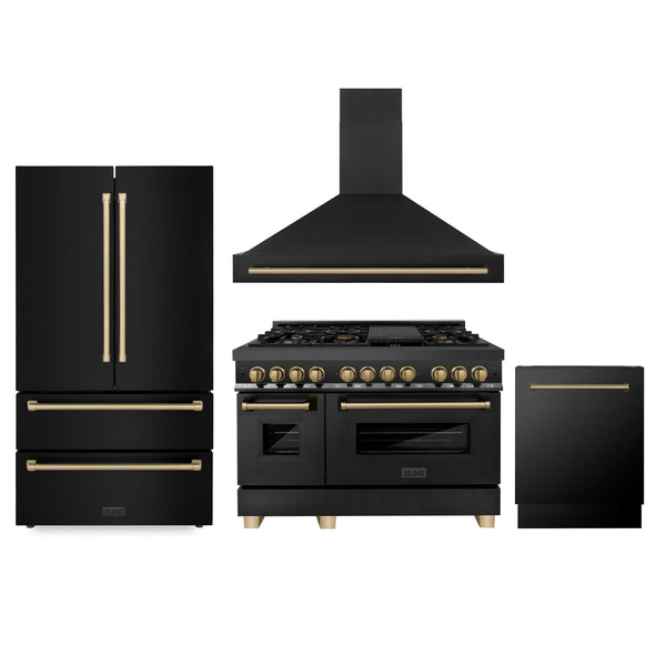 ZLINE KITCHEN AND BATH 4AKPRRABRHDWV48CB ZLINE 48" Autograph Edition Kitchen Package with Black Stainless Steel Dual Fuel Range, Range Hood, Dishwasher and Refrigeration with Champagne Bronze Accents