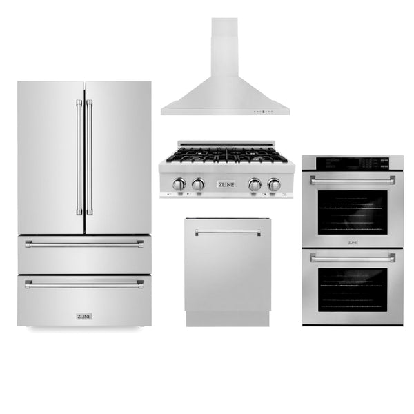 ZLINE KITCHEN AND BATH 5KPRRTRH30AWDDWV ZLINE Kitchen Package with Refrigeration, 30" Stainless Steel Gas Rangetop, 30" Convertible Vent Range Hood, 30" Double Wall Oven, and 24" Tall Tub Dishwasher