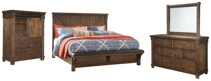 ASHLEY FURNITURE PKG006343 California King Panel Bed With Upholstered Bench With Mirrored Dresser and Chest