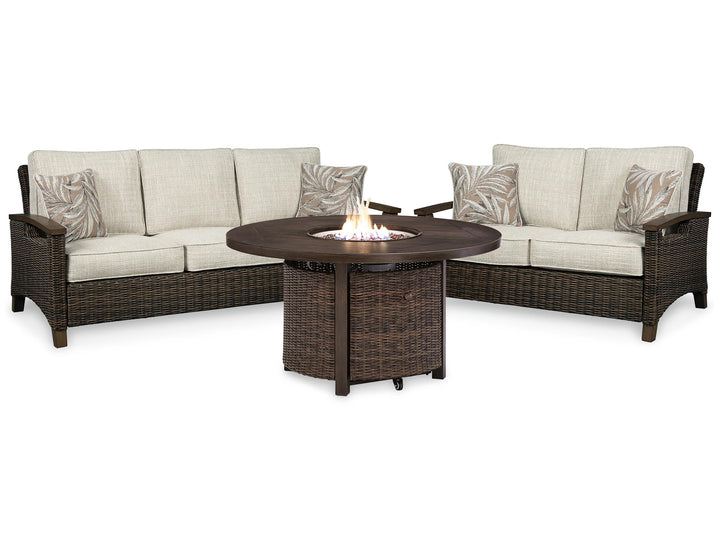 ASHLEY FURNITURE PKG014561 Outdoor Sofa and Loveseat With Fire Pit Table