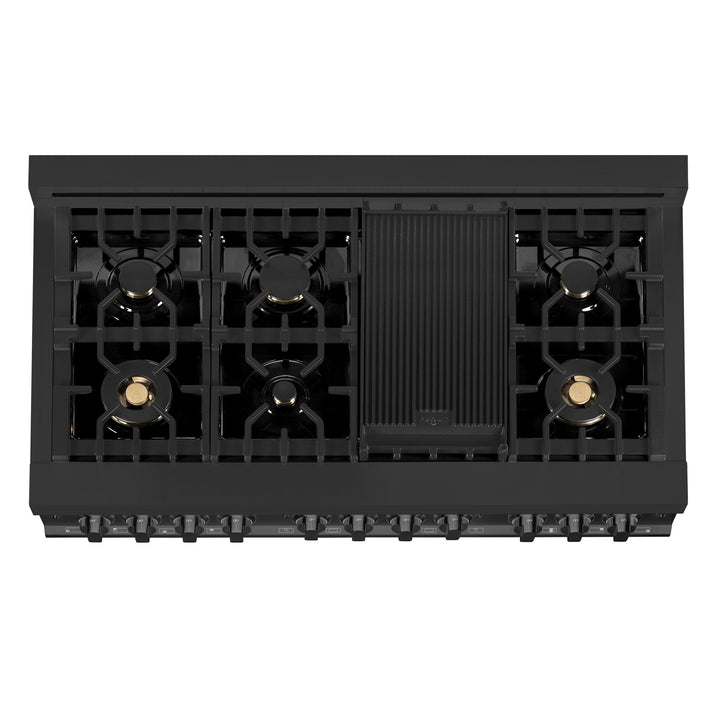 ZLINE KITCHEN AND BATH RABBR48 ZLINE 48" 6.0 cu. ft. Dual Fuel Range with Gas Stove and Electric Oven in Black Stainless Steel with Brass Burners Color: Black Stainless Steel with Brass Burners