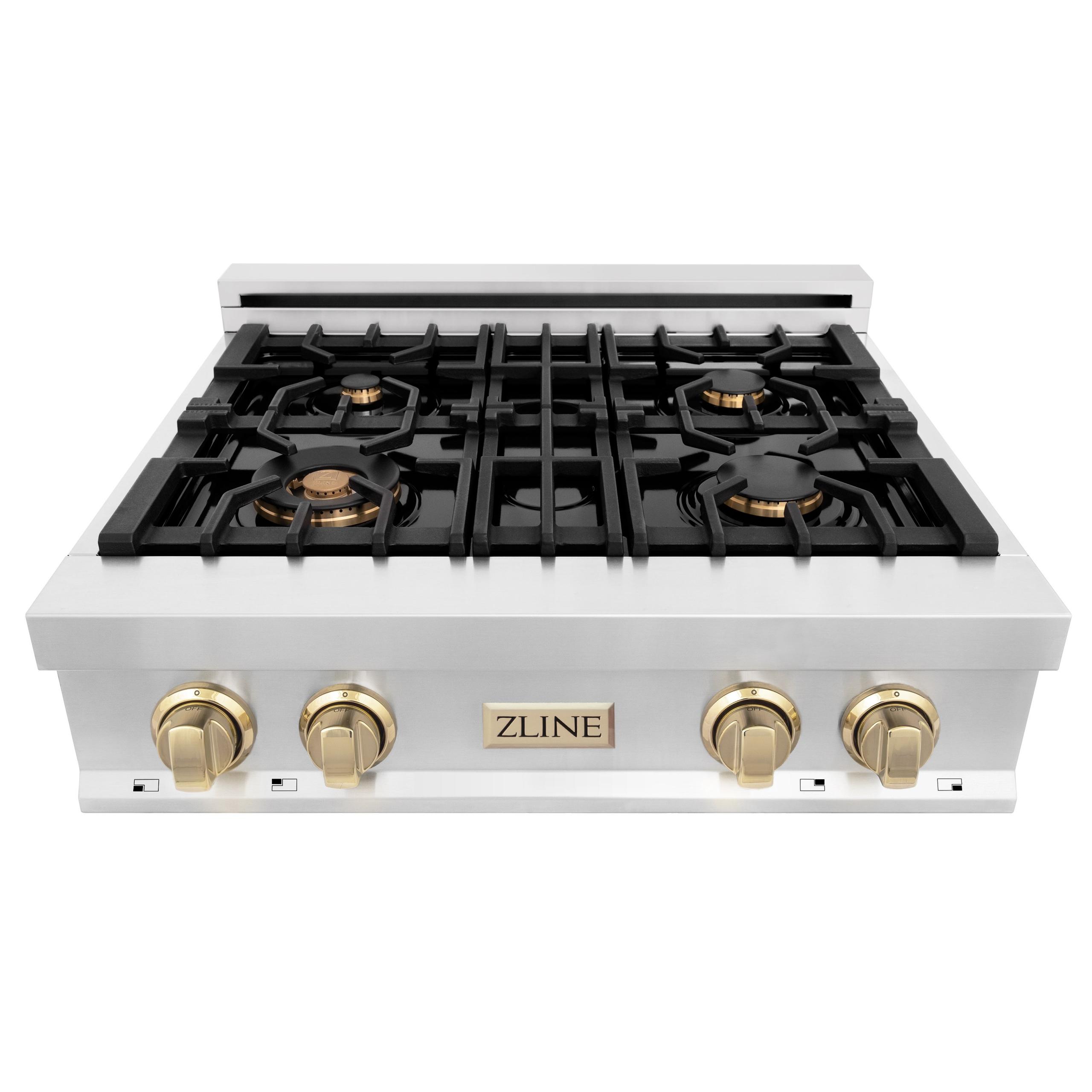 ZLINE KITCHEN AND BATH RTZ30G ZLINE Autograph Edition 30" Porcelain Rangetop with 4 Gas Burners in Stainless Steel with Accents Accent: Gold